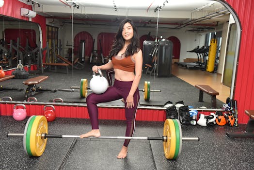 Woman exercising with kettlebell and barbell in a modern gym setting.