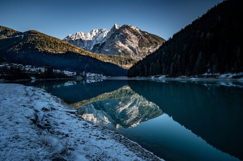 Scenic View of a Lake and Snowcapped Mountains under Clear, Blue Sky