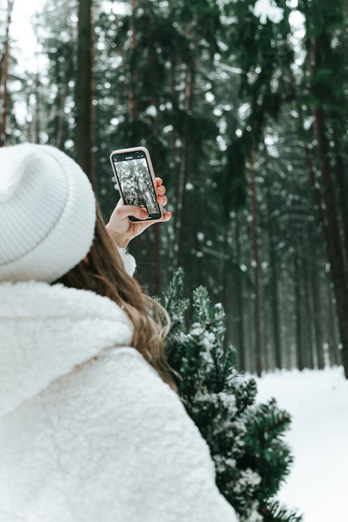 Young woman in a snowy forest with smartphone shooting video blog