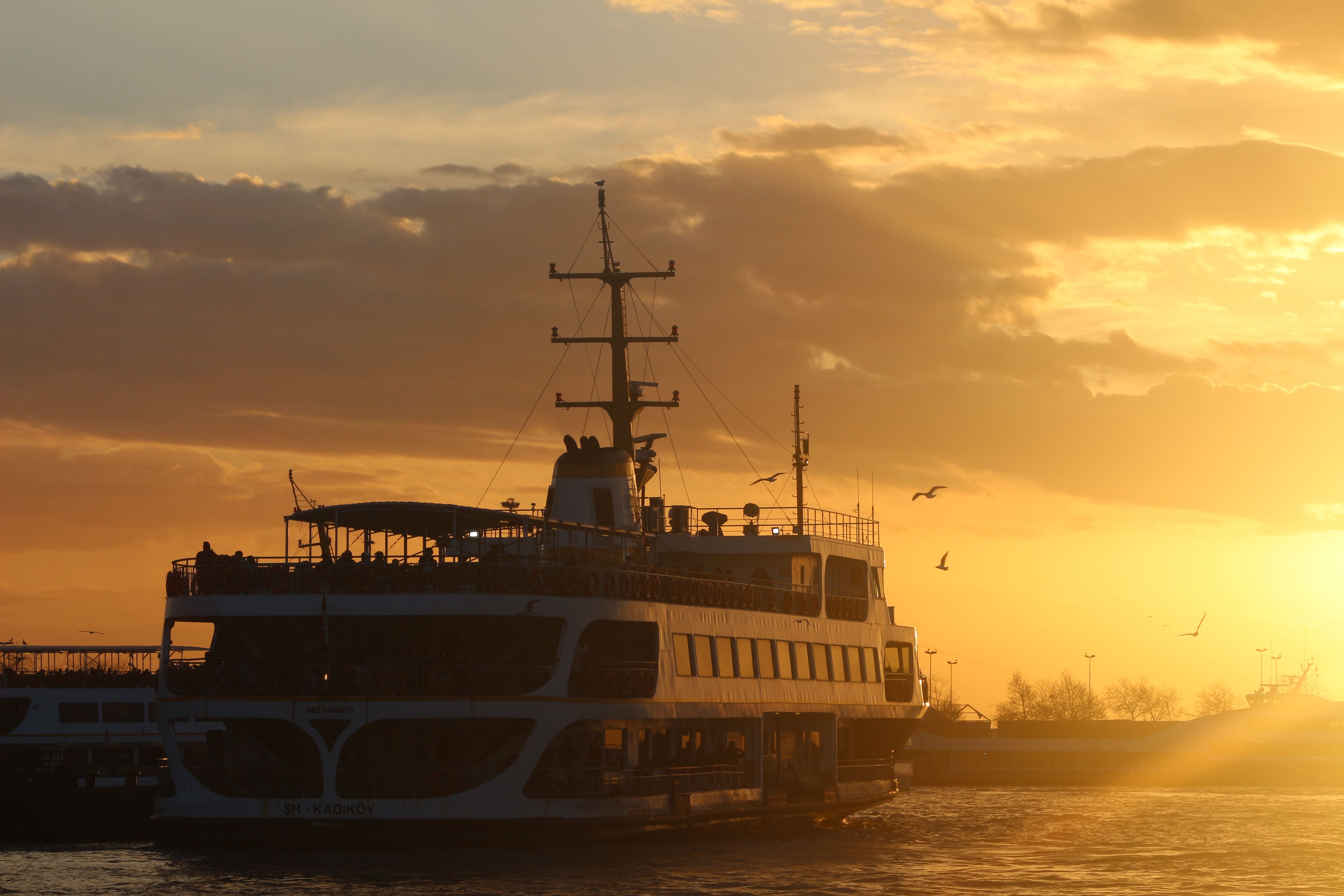A dinner cruise boat sails at sunset in, Istanbul, with birds flying in the vibrant sky.