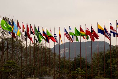 National flags on poles outside a diplomatic reception hall. Photo by Khánh Quan on Pexels