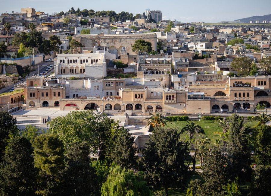 Explore the rich architectural heritage of Şanlıurfa with lush greenery in the foreground.