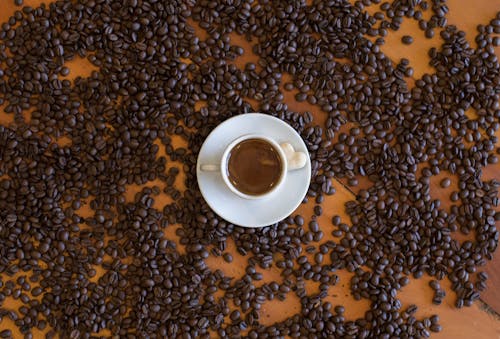 Top View of a Cup of Coffee Standing among Scattered Coffee Beans 