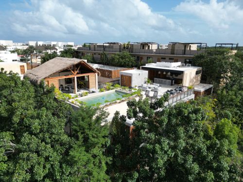 Free Aerial view of a luxury villa with a private pool nestled in the lush jungle of Tulum, Mexico. Stock Photo