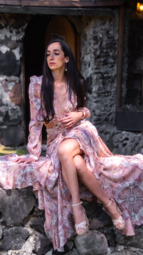 Pretty Brunette Woman in Pink Dress