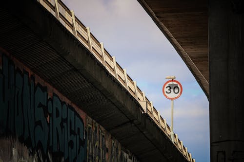 Low Angle Shot of a Bridge and a Road Sign with CCTV Camera 