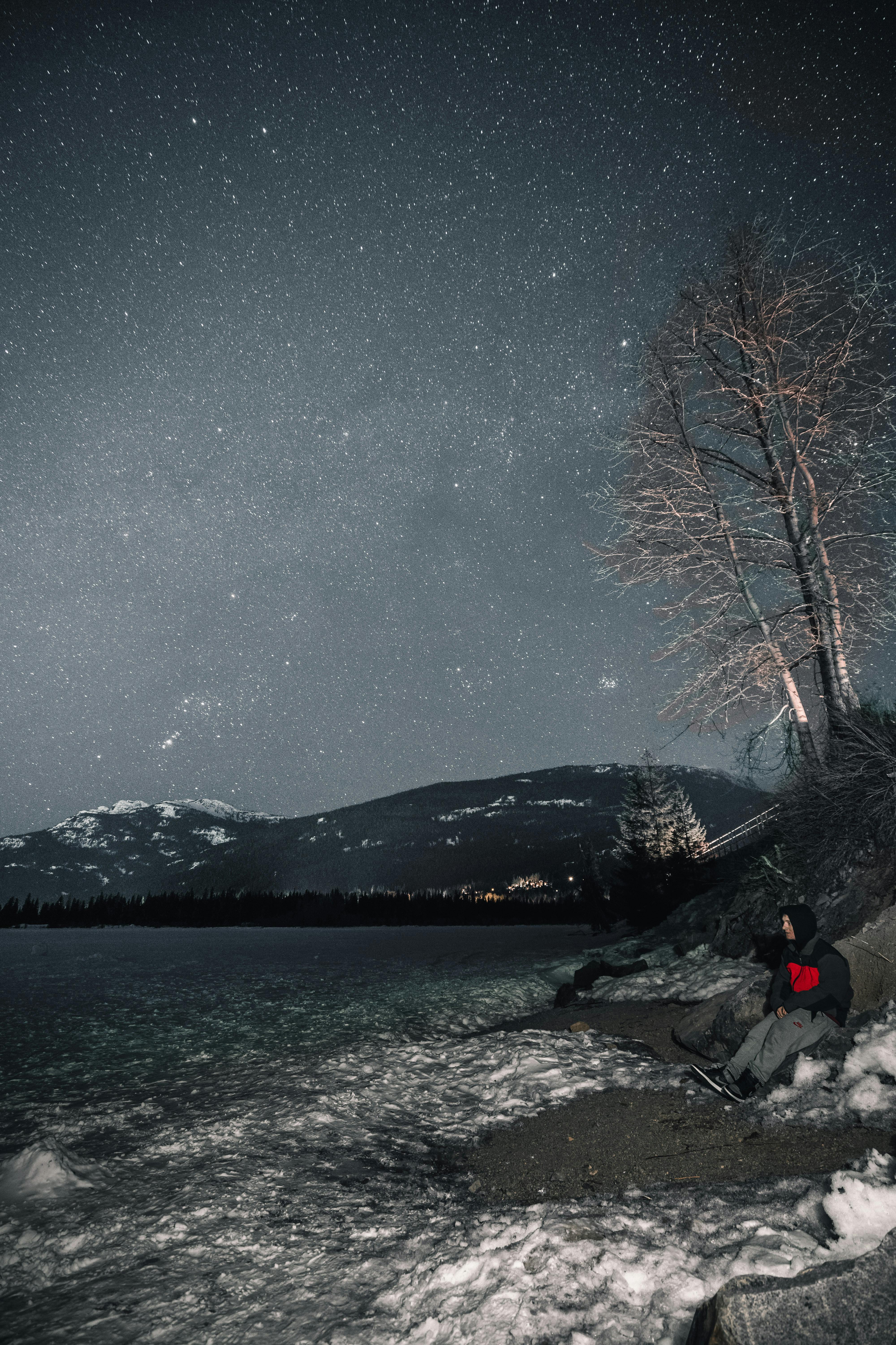 茫茫星空下，雪湖旁，一个孤独的人捕捉着冬天的宁静之美