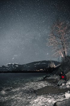 茫茫星空下，雪湖旁，一个孤独的人捕捉着冬天的宁静之美
