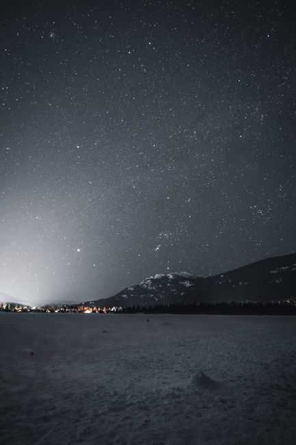 A breathtaking view of a starry night sky over a snowy mountain landscape during winter.