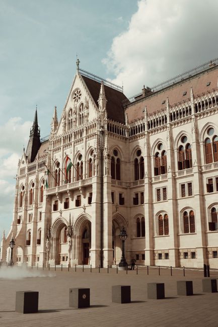 Elegant facade of the Hungarian Parliament Building in Budapest under a serene sky.