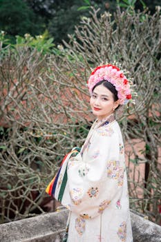 Beautiful Vietnamese bride in traditional attire with a floral wreath, Hanoi.
