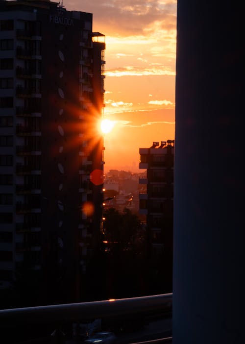 Sunset Sunlight over Residential Buildings in City