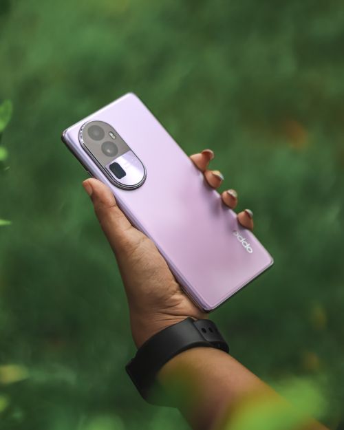 Free Close-up of a hand holding a purple smartphone against a green background. Stock Photo