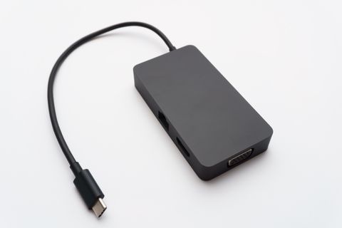 USB-C hub with HDMI and USB ports on a white background