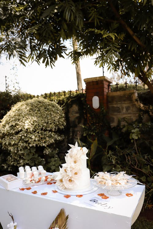 Birthday Cake on Table in Garden