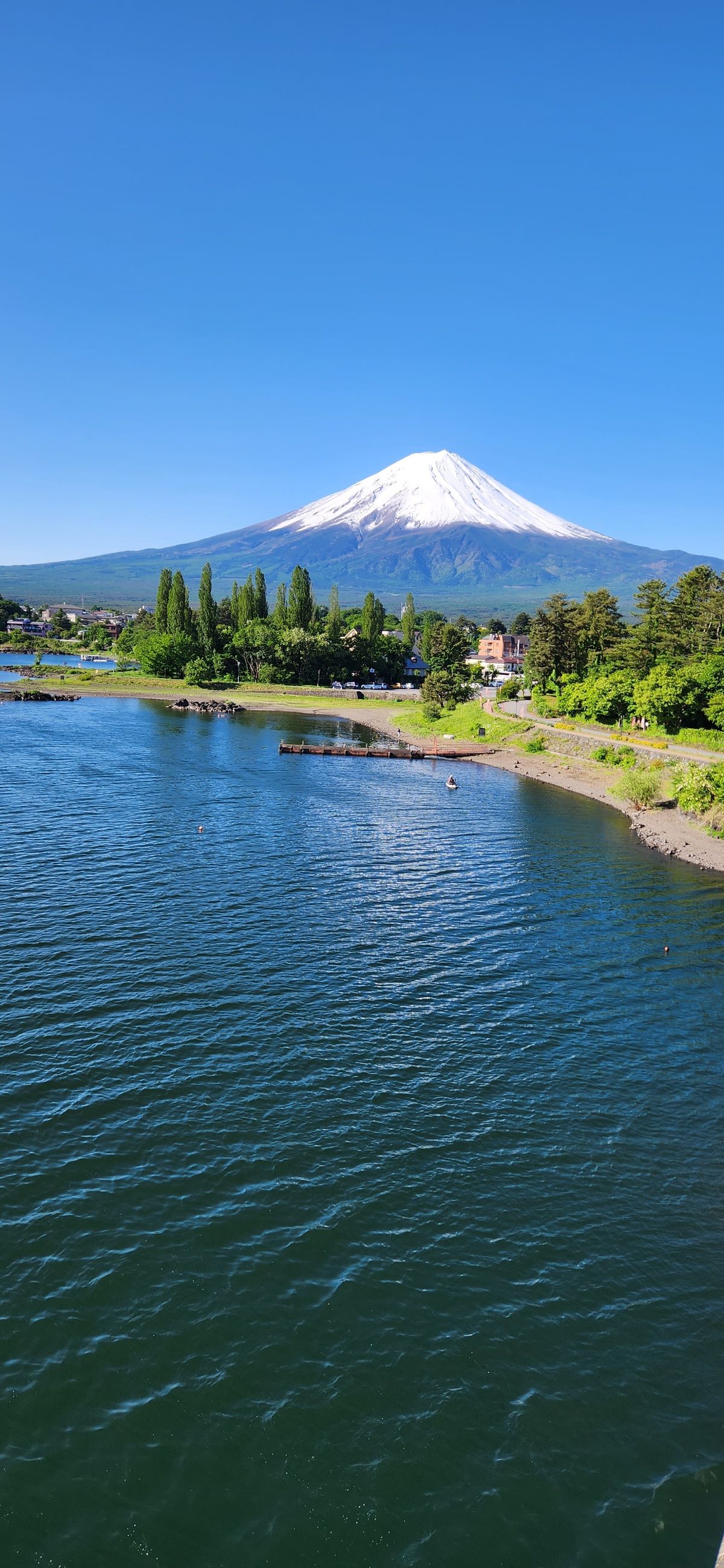 Wide view of Mount Fuji reflected in the still waters of Lake Kawaguchi at the Fuji Five Lakes