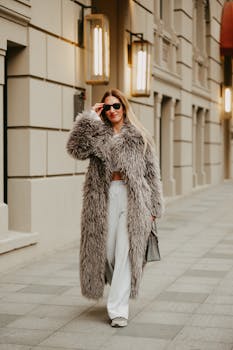Fashionable woman in fur coat and sunglasses walking on city street in Bursa, Türkiye.