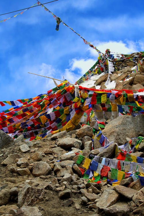 Strings of Colorful Tibetan Prayer Flags in the Himalayas