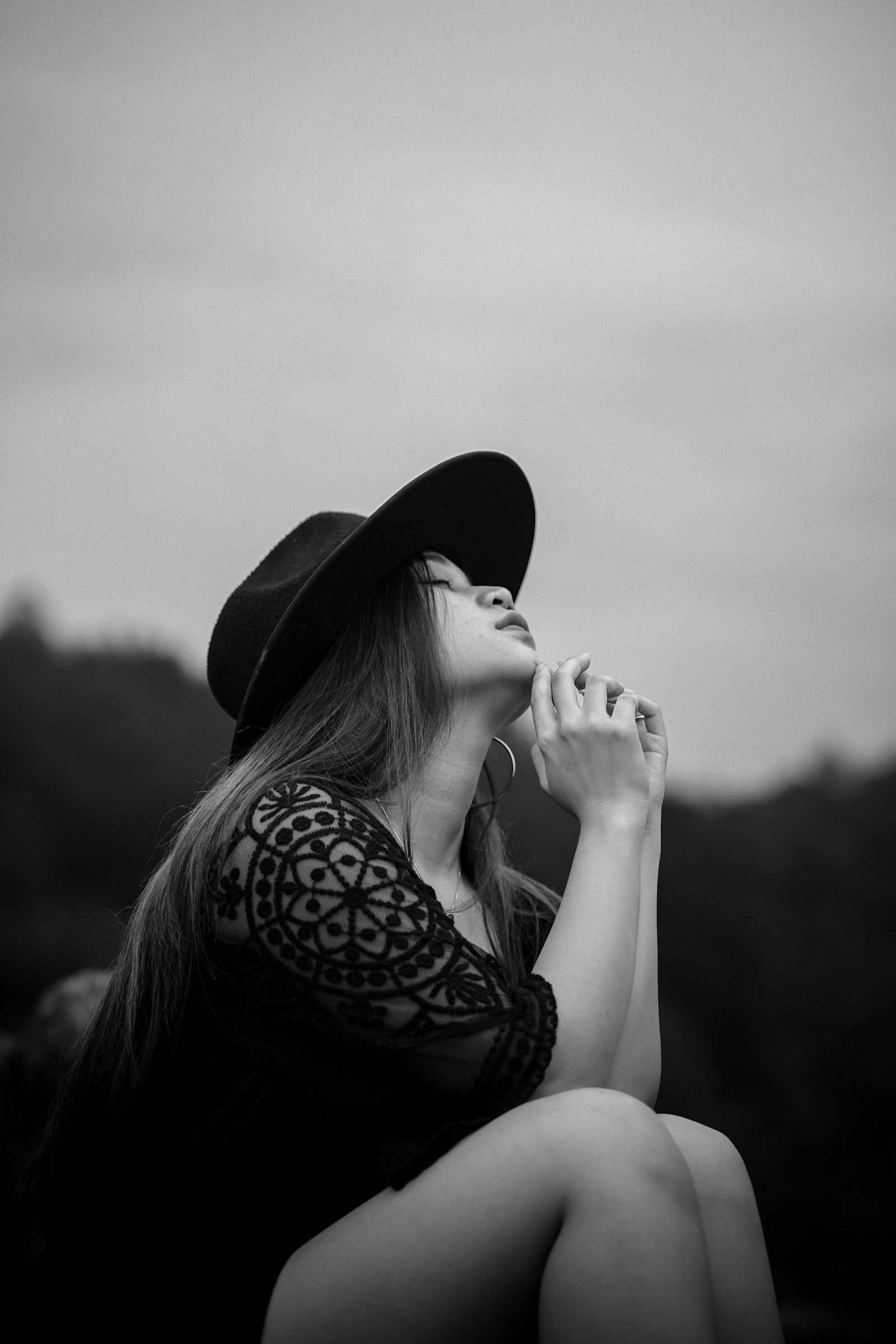 elegant woman in dress monochrome editorial pose