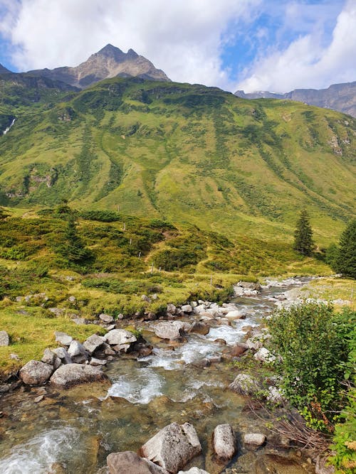 Scenic View of a Rocky Stream Flowing in Mountains 