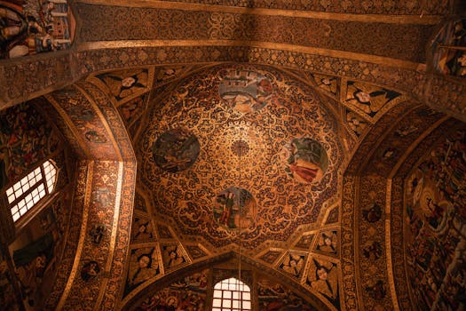Detailed view of the ornate ceiling in Vank Cathedral, showcasing Persian and Christian motifs.