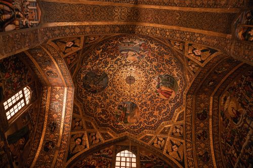 Free Detailed view of the ornate ceiling in Vank Cathedral, showcasing Persian and Christian motifs. Stock Photo