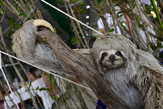 Charming close-up of a three-toed sloth hanging on a branch in a tropical setting.