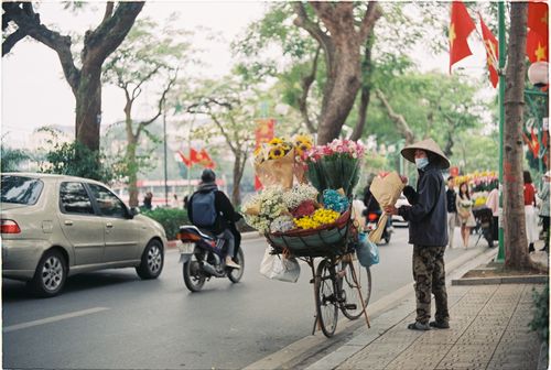 Free Street scene in Hanoi, Vietnam, featuring a flower vendor with a bicycle cart and passing vehicles. Stock Photo