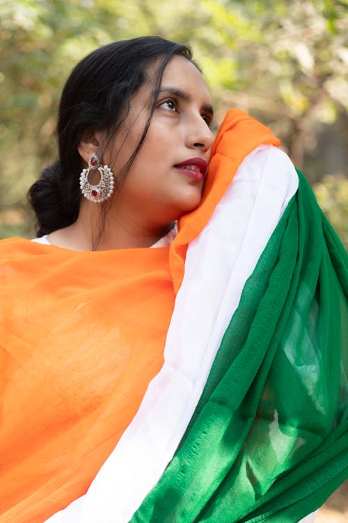 Portrait of Woman with Flag of India