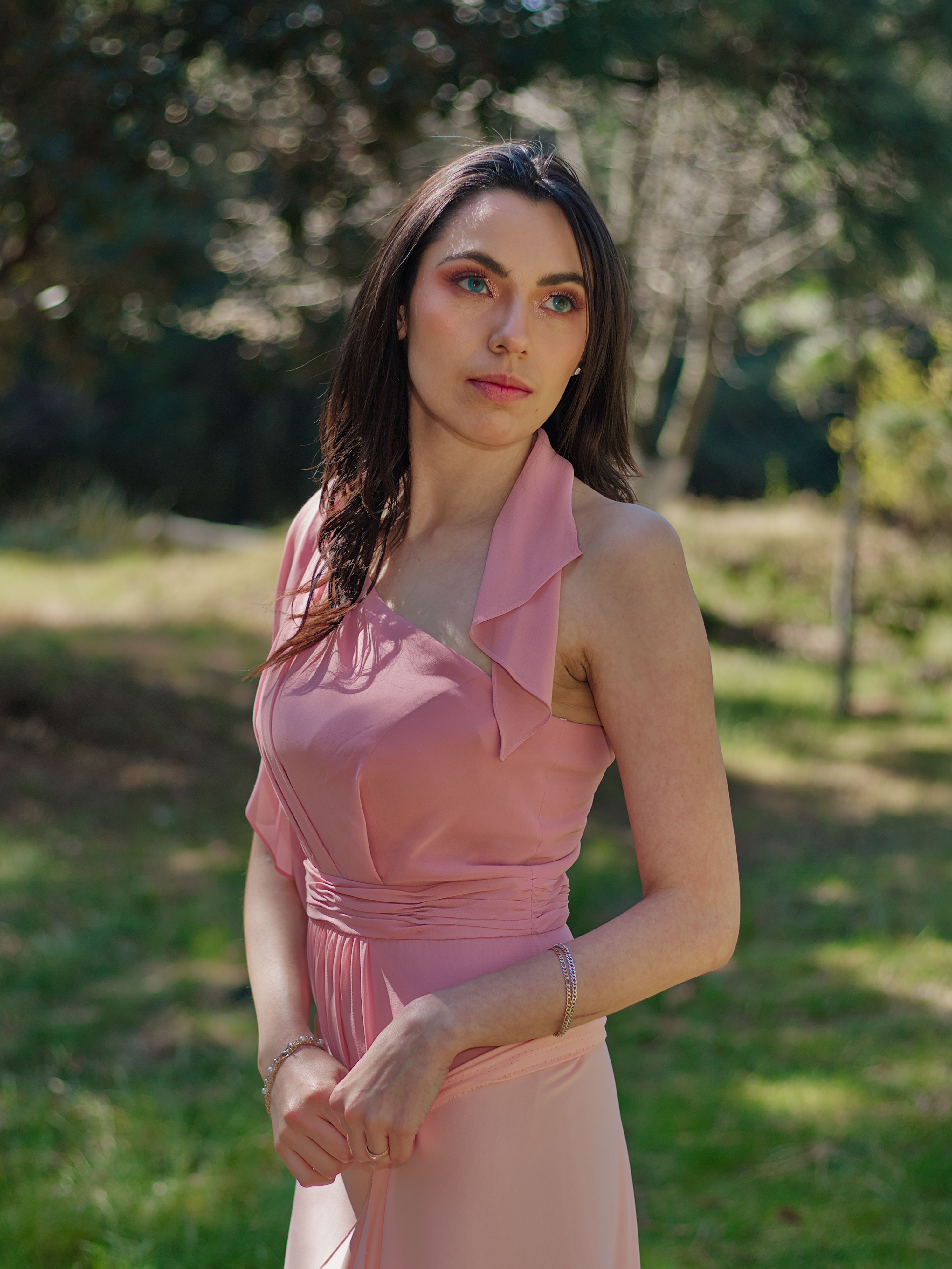 Brunette Woman Wearing Pink Dress in a Park · Free Stock Photo