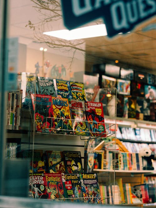A window shot of a comic books 