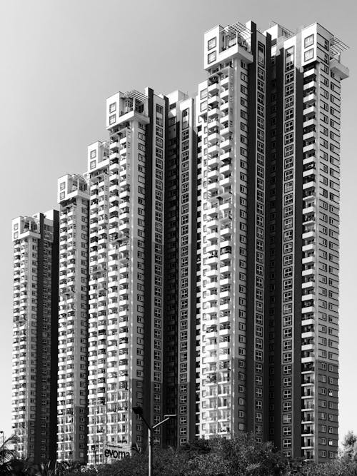 Black and white photo of tall buildings in china