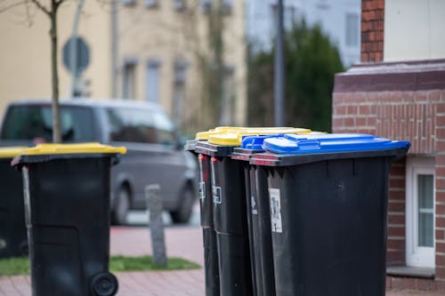 Close-up of Trash Bins Standing Outside of a Building in City 