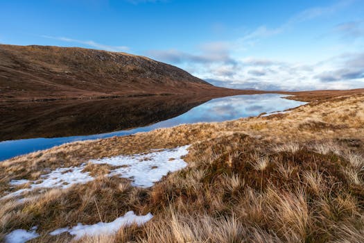 Peaceful loch reflecting mountains in the Scottish Highlands, near Fort William.