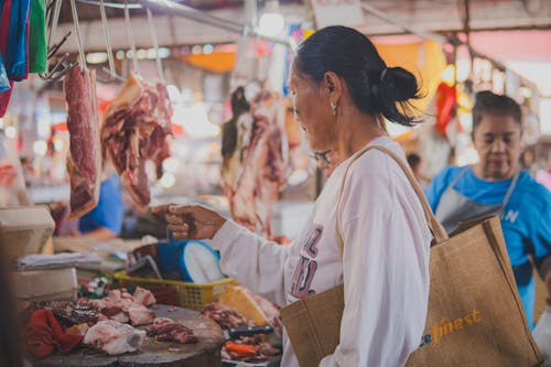 Woman Buying Meat at Market