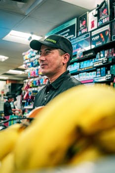 Man in black cap in retail store, surrounded by colorful merchandise.