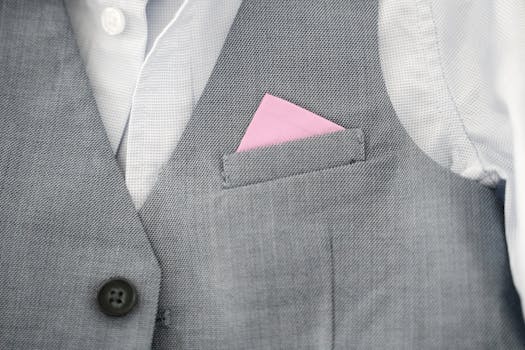 Close-up of a gray vest featuring a pink pocket square, showcasing elegant fashion style.