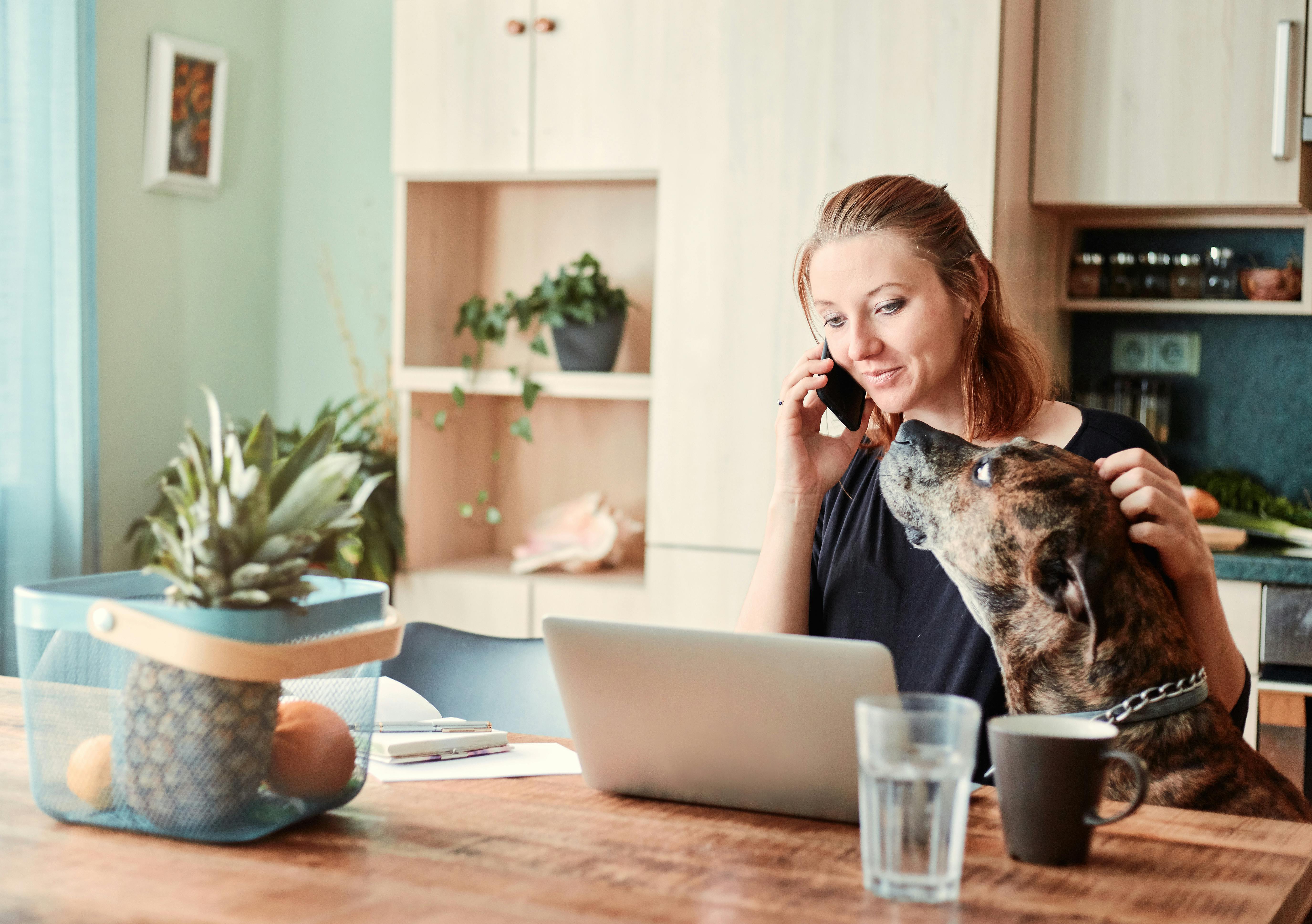 Woman in home office with dog, using laptop and phone, embracing comfort of remote work.