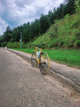 A yellow bicycle parked by a forest road, capturing the essence of outdoor adventure and tranquility.