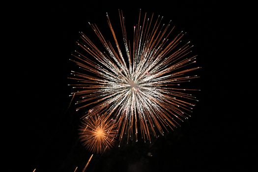 Vibrant fireworks exploding against a dark night sky, capturing a festive celebration.