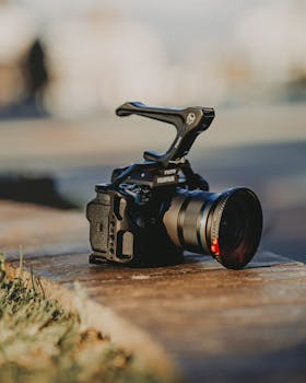 A professional DSLR camera placed on a wooden surface with blurred background.