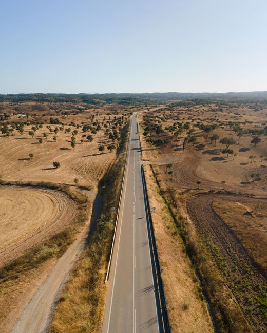 Drone shot of rural landscape and road in Reguengos de Monsaraz, Portugal.
