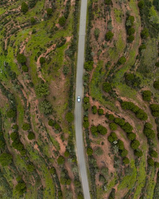 Aerial shot of a road cutting through lush hilly landscape in Beja, Portugal.
