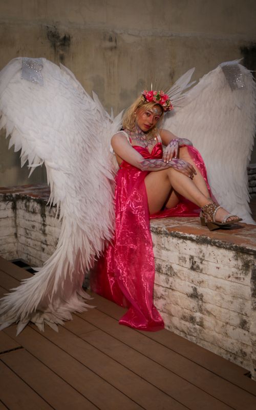 Free Blonde woman in pink costume with white angel wings, sitting on a brick wall. Stock Photo
