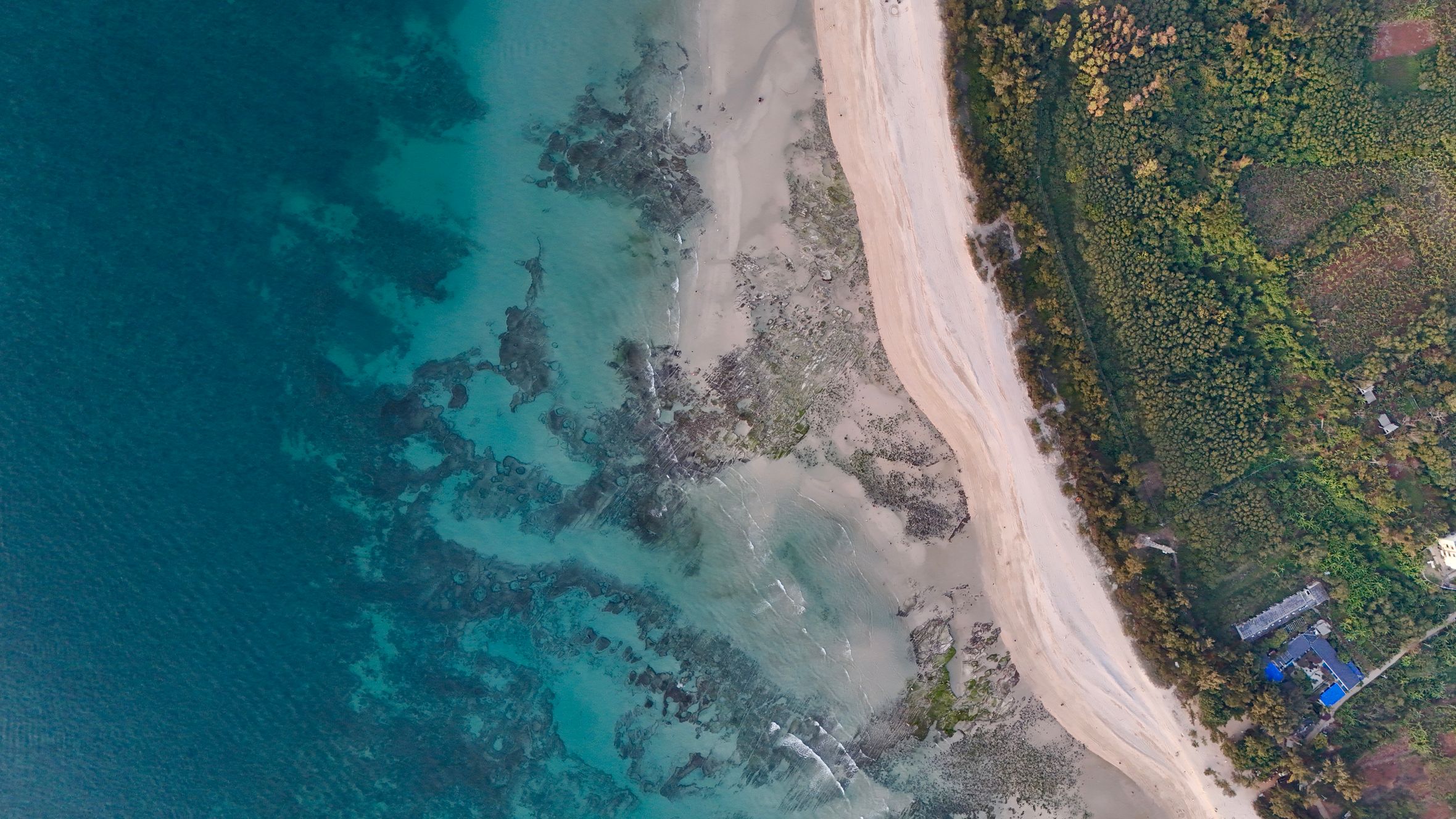 Stunning aerial view of a secluded beach with turquoise waters and lush greenery.