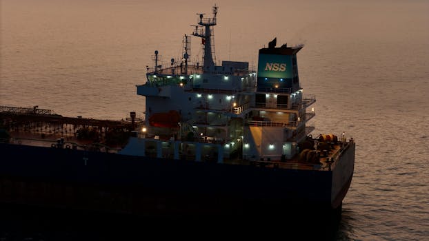 A large cargo ship sailing across the ocean during the twilight hours, illuminated with evening lights.