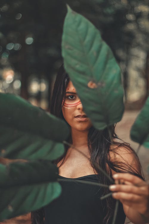 Vrouw Met Gezichtskunst Terwijl Het Houden Van Bladeren