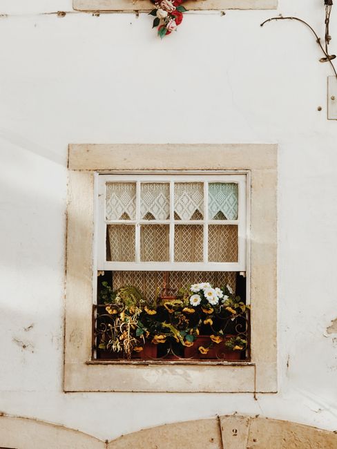 Rustic window with vibrant flowers in São Miguel do Rio Torto, Portugal.