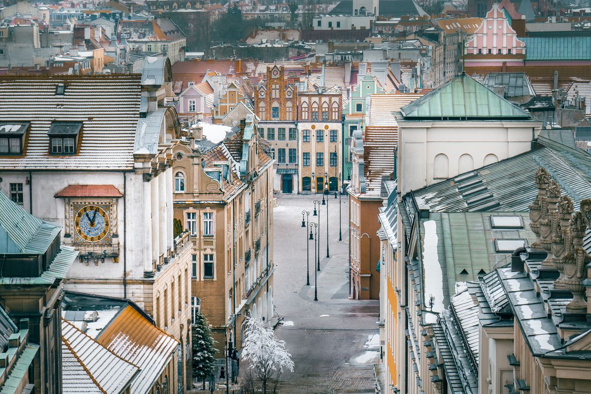 Aerial view of Poznan's Old Market Square and town hall in winter