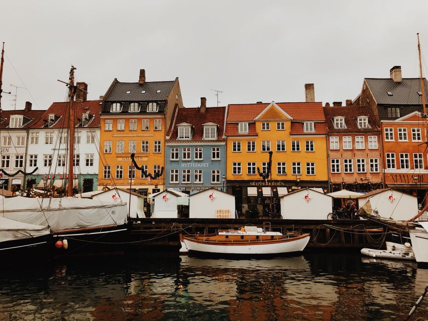Scenic view of colorful harborside houses and boats at Nyhavn, Copenhagen.